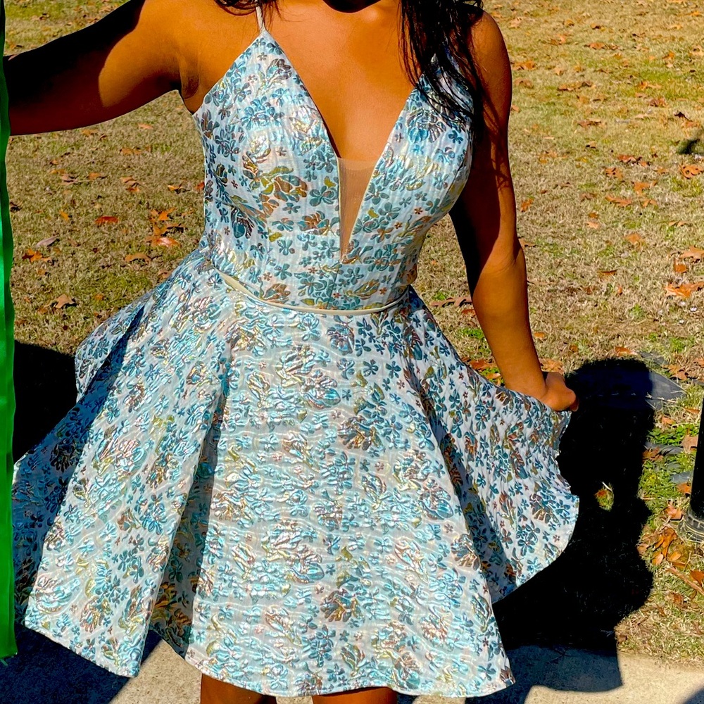 Beautiful blue brocade short special occasion dress